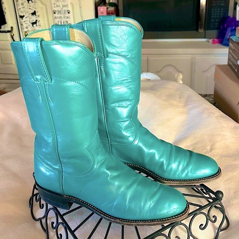 TURQUOISE PEARL COWGIRL BOOTS JUSTIN ROPERS 5 1/2  GREAT CONDITION GREAT BOOTS